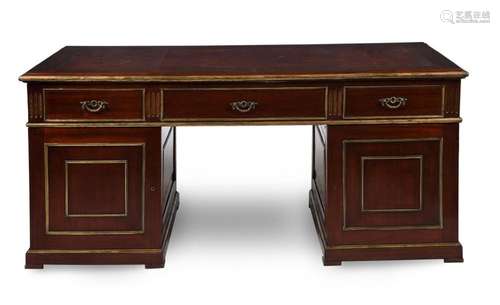 A RUSSIAN MAHOGANY AND BRASS INLAID PEDESTAL DESK, 19TH CENT...