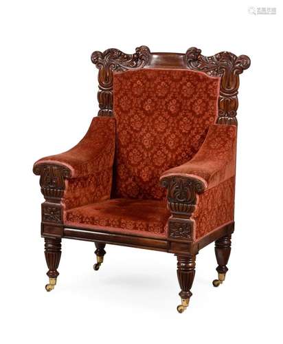 A REGENCY MAHOGANY LIBRARY BERGERE ARMCHAIR, ATTRIBUTED TO B...