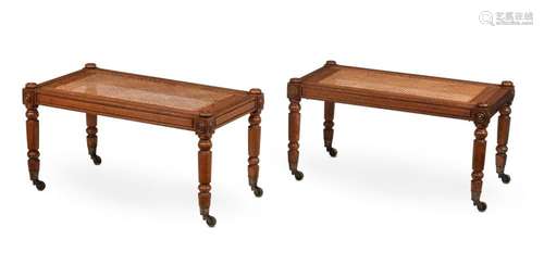 A PAIR OF BROWN OAK HALL SEATS OR LUGGAGE STANDS, IN THE MAN...