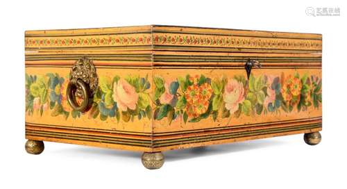 Y AN EARLY VICTORIAN PAINTED SATINWOOD SEWING BOX, MID 19TH ...