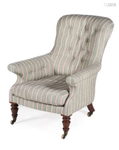 A REGENCY MAHOGANY AND BUTTON UPHOLSTERED ARMCHAIR CIRCA 182...