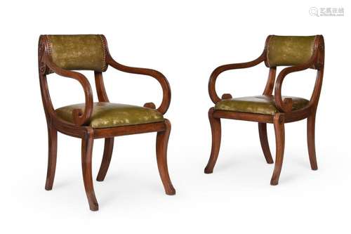 A PAIR OR REGENCY MAHOGANY AND LEATHER UPHOLSTERED OPEN ARMC...