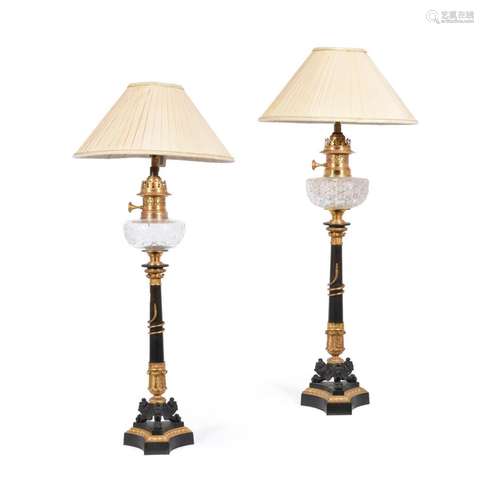 A PAIR OF ORMOLU, BRONZE AND GLASS LAMPS, FRANCO-AUSTRIAN, 1...