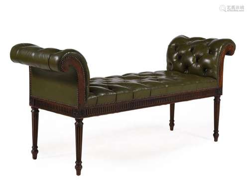 A MAHOGANY AND BUTTONED GREEN LEATHER UPHOLSTERED STOOL OR W...