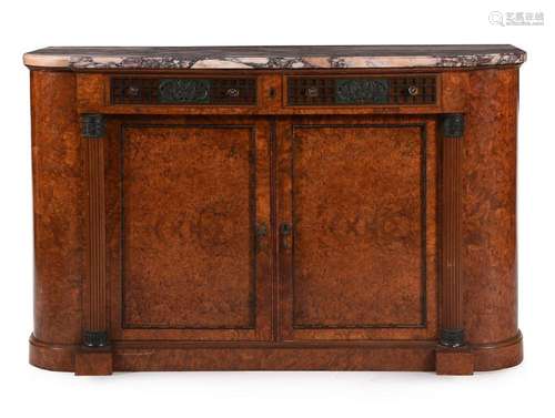 A PAIR OF AMBOYNA SIDE CABINETS WITH MARBLE TOPS, FIRST HALF...