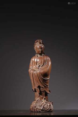 Chinese Huali Wood Carved Standing Guanyin