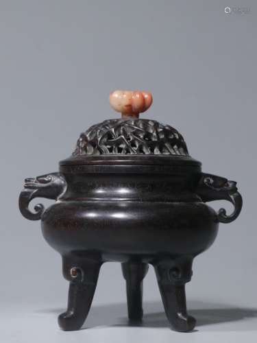 Chinese Zitan Wood Carved Censer w Soapstone Finia