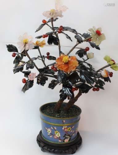 Chinese Agate Quartz Tree Cloisonne Planter