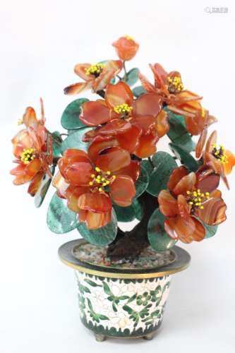 Chinese Agate Flower Planter w Cloisonne