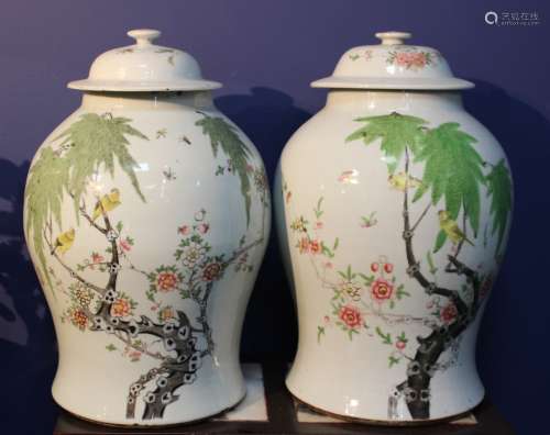 Pair of Chinese Famille Rose Porcelain Lid Jar