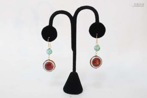 Pair of Chinese Earring w Turquoise Beads