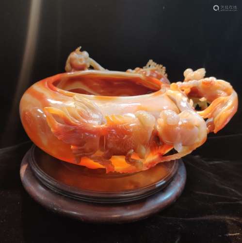 Large Chinese Agate Carved Washer w Gold Fish