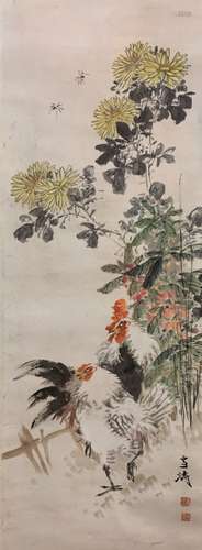 Chinese Ink Color Scroll Painting w Calligraphy