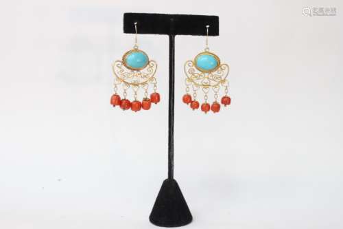 Pair of Silver Earring w Coral and Turquoise