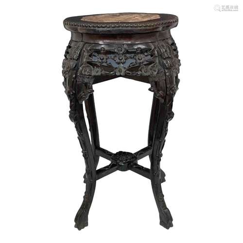 Chinese Teakwood Marble Inset Pedestal Stand