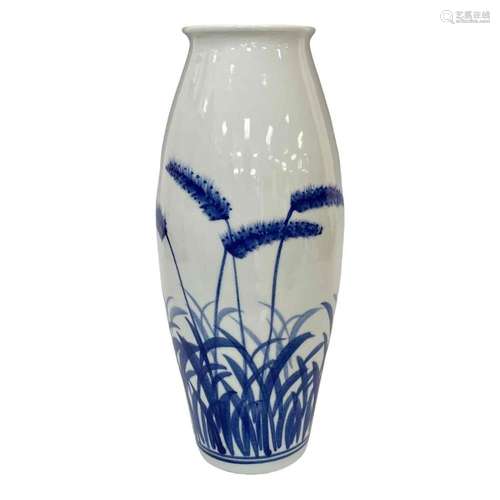 Blue and White Cattail Porcelain Asian Vase