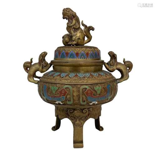 Japanese Brass Champleve Foo Dog Censer