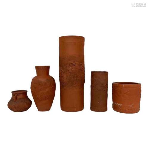 Five Asian Earthenware Vases and Brush Holders