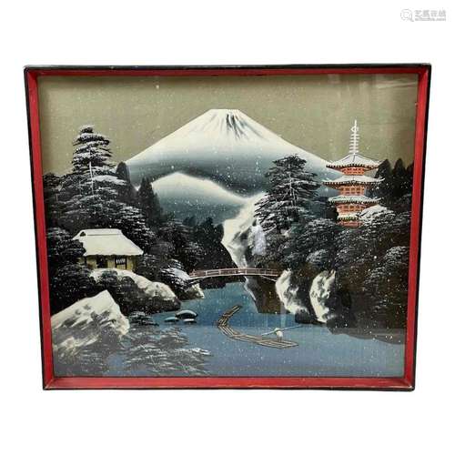 Signed Japanese Painting on Silk of Mt. Fuji