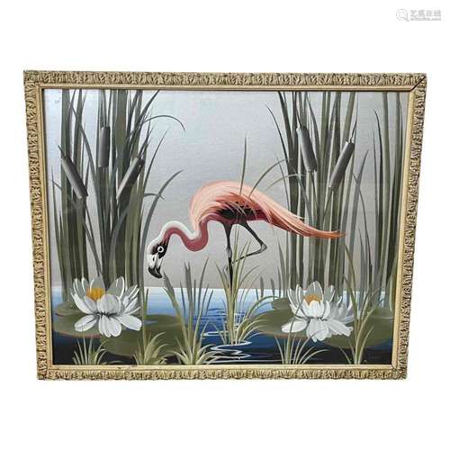 Mid Century Modern M. Devoe Tropical Flamingo Painting