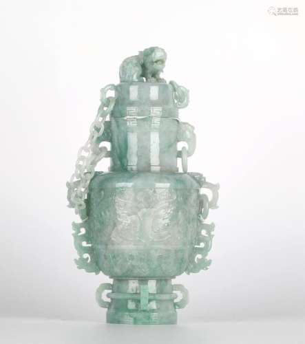 Chinese Light Green Jadeite Vase & Cover