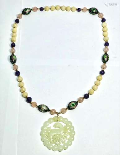 Chinese Carved Beads Necklace w Round Jade Pendant