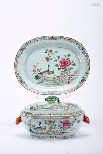 An oval tureen with stand, Chinese export porcelain, polychr...