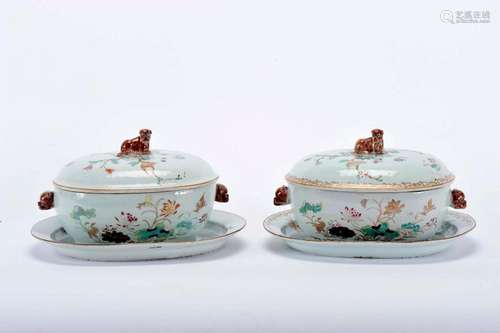 Two tureens with stands, Chinese export porcelain, polychrom...