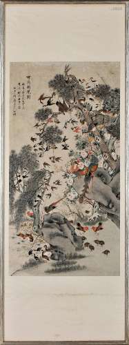 Trees and birds, polychrome Chinese painting on paper, Chine...