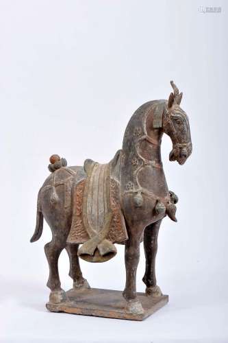 A caparisoned horse, polychrome Chinese terracotta sculpture...