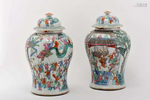 A pair of covered pots, Chinese export porcelain, polychrome...