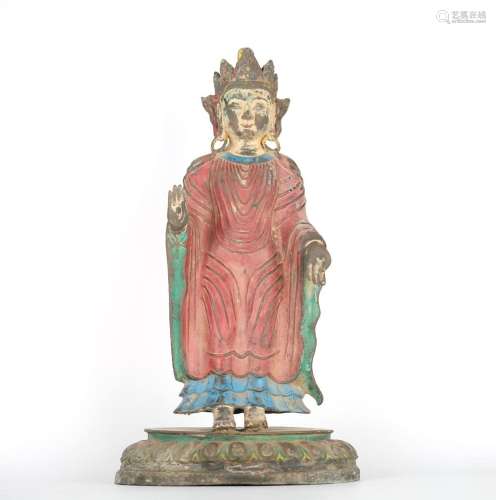 Tall Chinese Painted Bronze Standing Buddha Figure