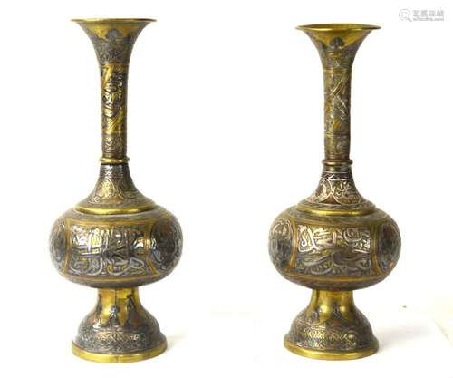 Large Pr Syrian Silver Inlaid Vases