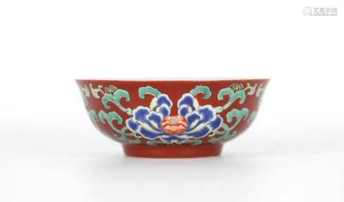 Chinese Famille Rose Carmine Ground Bowl