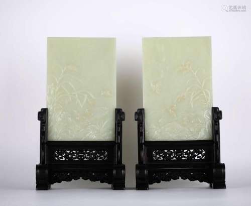 Pr Chinese Rectangular Jade Plaque Table Screens
