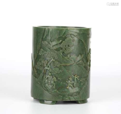 Chinese Spinach Jade Cylindrical Brush Pot