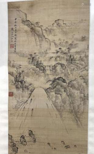 Chinese Mountain View & Water Fall Painting Scroll