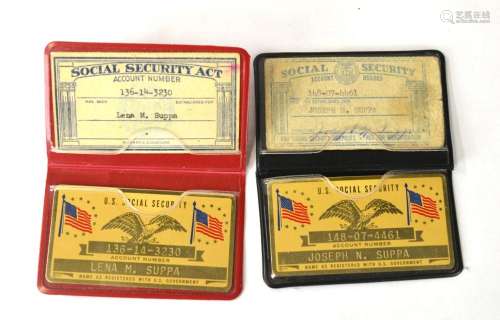 Two Vintage Brass & Paper Social Security Cards