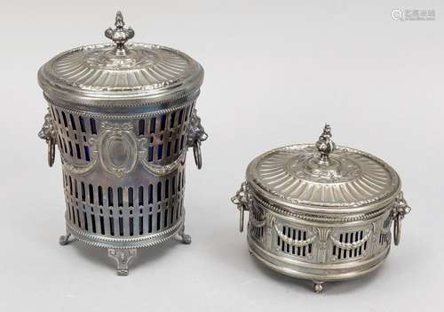 2 lidded vessels with cobalt glass