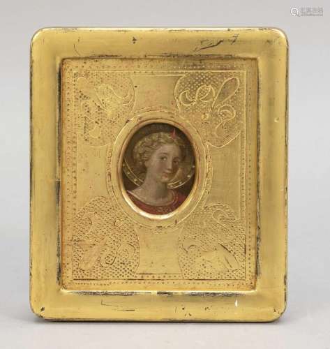 Figure of saint in gilded frame, e