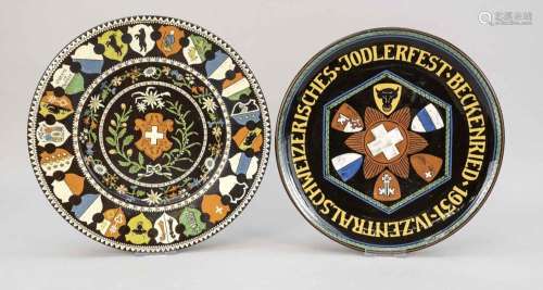 2 Swiss plates, stoneware polychro