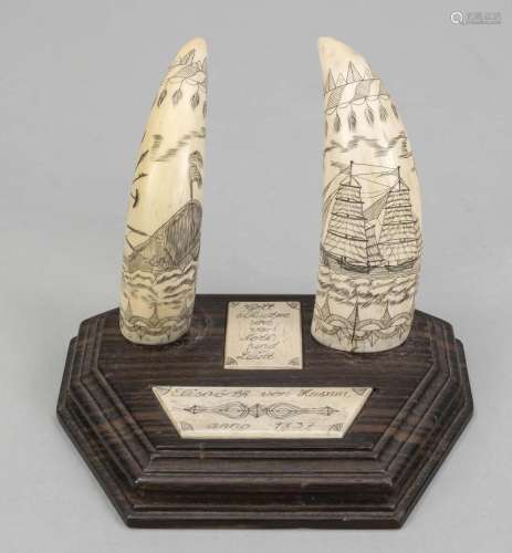 2 walrus teeth with ship scene, mi