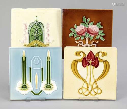 4 Art Nouveau tiles, around 1900,