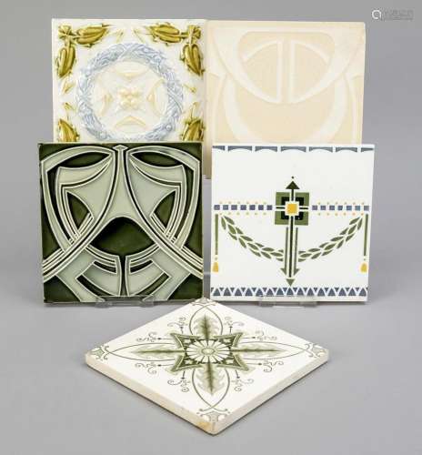 5 art nouveau tiles, around 1900.