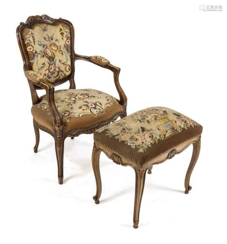 Armchair with footrest, period fur