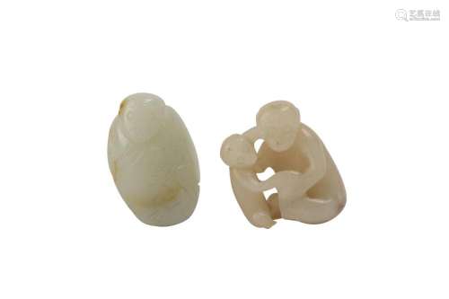 TWO CHINESE WHITE JADE 'MONKEY' CARVINGS.