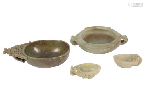 A GROUP OF CHINESE JADE CUPS, WASHER AND CENSER.