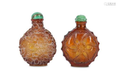 FOUR CHINESE GLASS SNUFF BOTTLES AND A JADE JOSS STICK HOLDE...