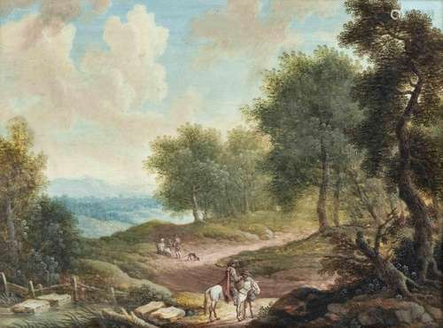 Peintre paysagiste vers 1800. Paysage idéal avec voyageurs e...