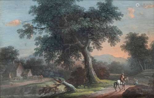 Peintre paysagiste vers 1800. Paysage avec voyageurs et cava...